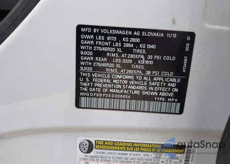 2014 Volkswagen Touareg 3.6L R-Line z USA, uszkodzony, nr VIN WVGDF9BP3ED006854